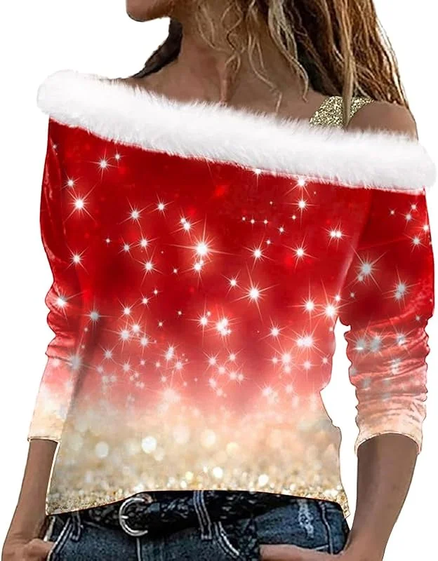 Generisch Jersey de Navidad para mujer con estampado festivo, hombros descubiertos, camiseta de tirantes de manga larga, camiseta de tirantes para ocasiones festivas, sudadera de Navidad adecuada para mujeres — Ropa Navidad