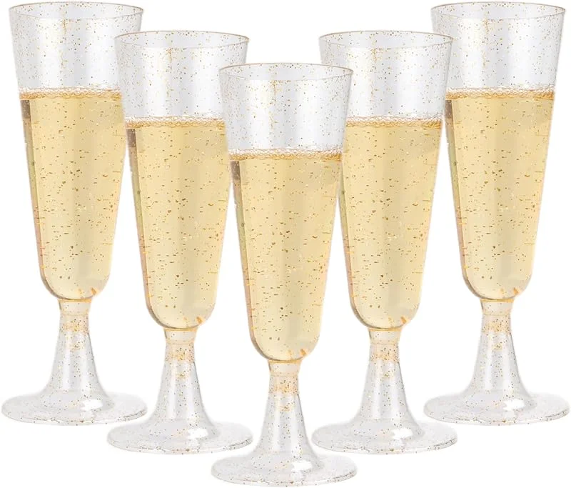 AKOLAFE 100 Piezas Copas Plástico Duro, Copas de Plástico para Champan 160 ml, Flautas con Purpurina Dorada y Base Desmontable para Cava, Bodas y Fiestas — Vino y mesa festiva