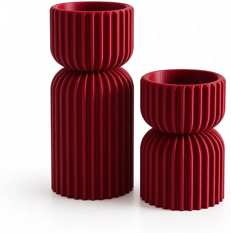 LOOKERLABS Set 2 Portavelas Decorativos Acanalados Boho, Pack Pequeño + Grande, Cavidad para Tealight 38mm, Centro Mesa Restaurante Hotel Eventos, Decoración Hogar y Regalo. (Rojo Navidad) — Adviento y mesa