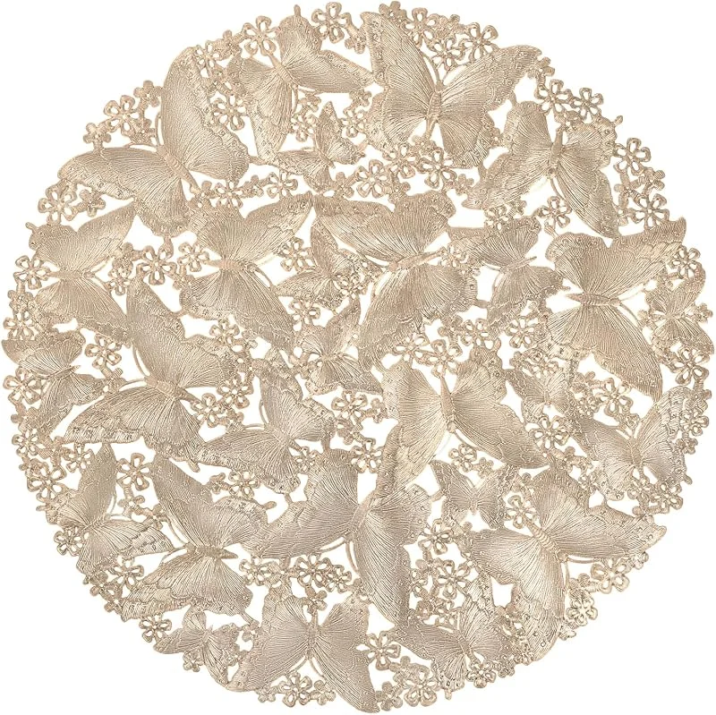 Visita la tienda de fanquare fanquare Juego de 6 Salvamanteles Individuales Redondos Dorada de Purpurina 38 cm, Diseño Recortado de Mariposas y Flores, Superficie Antideslizante y Lavable Impermeable para Bodas, Navidad y Cenas — Hogar y cocina
