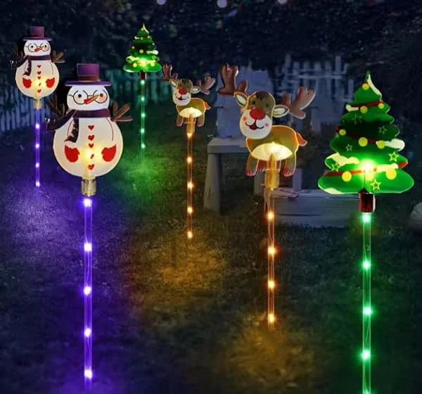 YZYOE 6 paquete led al aire libre solar tierra insertado luces decorativas de Navidad, impermeable solar patio árbol de Navidad muñeco nieve reno luz, con 8 modos luz color. — Luces Navidad
