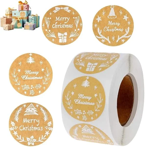 Doukesh Etiquetas Adhesivas Navideñas, Papel Kraft Pegatinas Navidad, Feliz Navidad Pegatinas Rollo, Pegatina Navideña Redonda para Regalos Navidad, Sobres Bolsas, Regalo Bolsas, Diámetro 2, 5CM, 500 Piezas — Envoltorio regalo