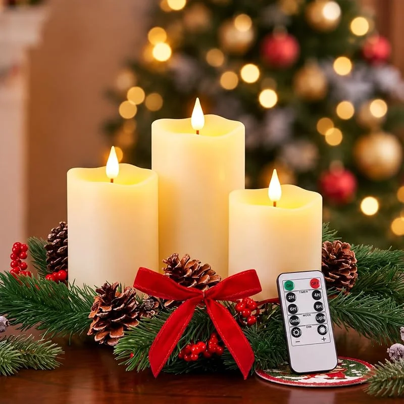 Retisee 1 juego de centro de mesa de Navidad para mesas, velas de corona, anillos sin llama, velas sin llama, coronas de lazo de bayas rojas, anillos remotos que funcionan con pilas, vela LED para — Cena a la luz de velas