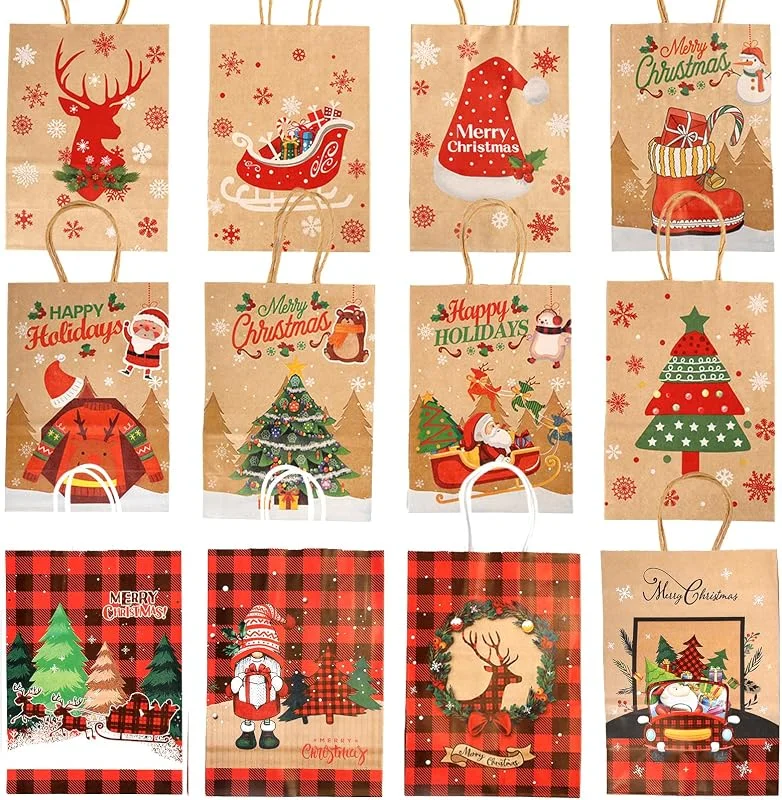 Wafuesh 12 Bolsas de Papel de Navidad con Asa, Ideales para Regalos, Bolsas de regalo de fiesta para suministros de Navidad, Resistente y Duradero, Tamaño 21 x 15 x 8 cm — Envoltorio regalo