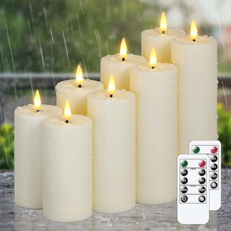 Visita la tienda de Zevanor Velas LED de pilar sin llama impermeables de 5, 5cm x 10 12, 5 12, 5 15 17, 5 17, 5cm con mando a distancia y temporizador, Marfil de plástico a pilas Pack de 8 parpadeantes para exterior — Cena a la luz de velas