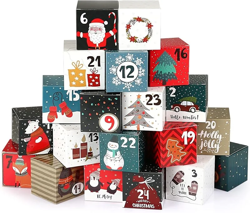 Naler 24 Cajas para Calendario de Adviento Cajitas Navideñas de Regalo para Dulces Caja de Papel con Números Calendario Adviento para Rellenar — Adviento y mesa