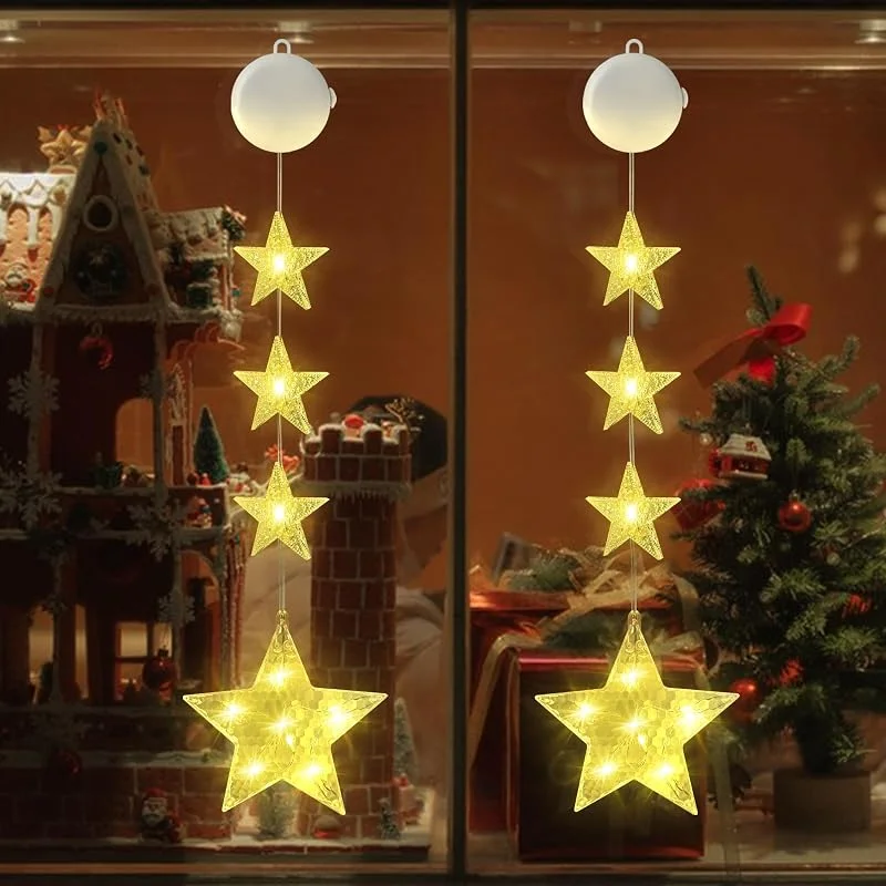 CNMTCCO 2 Piezas Luz LED de Estrella para Ventana Decorativa navideña con Temporizador de batería, Cortina de luz Blanca cálida para decoración Interior navideña — Decoracion Navidad