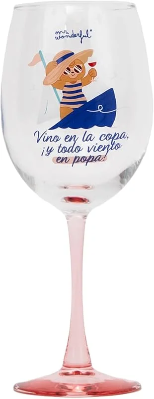 Visita la tienda de Mr. Wonderful Mr. Wonderful Copa de Vino con Mensaje “Vino en la Copa ¡y Todo Viento en Popa!” – Copa de Vidrio 47 cl — Vino y mesa festiva