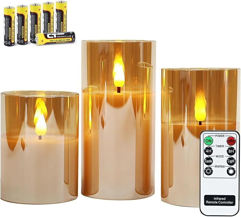 Visita la tienda de Rhytsing Rhytsing 3 Velas de Cristal Dorado con Mando para Navidad, Velas a Pilas con Temporizador Decorativas Grandes, Altura 10cm, 12, 5cm, 15cm (Dorado) — Luces Navidad