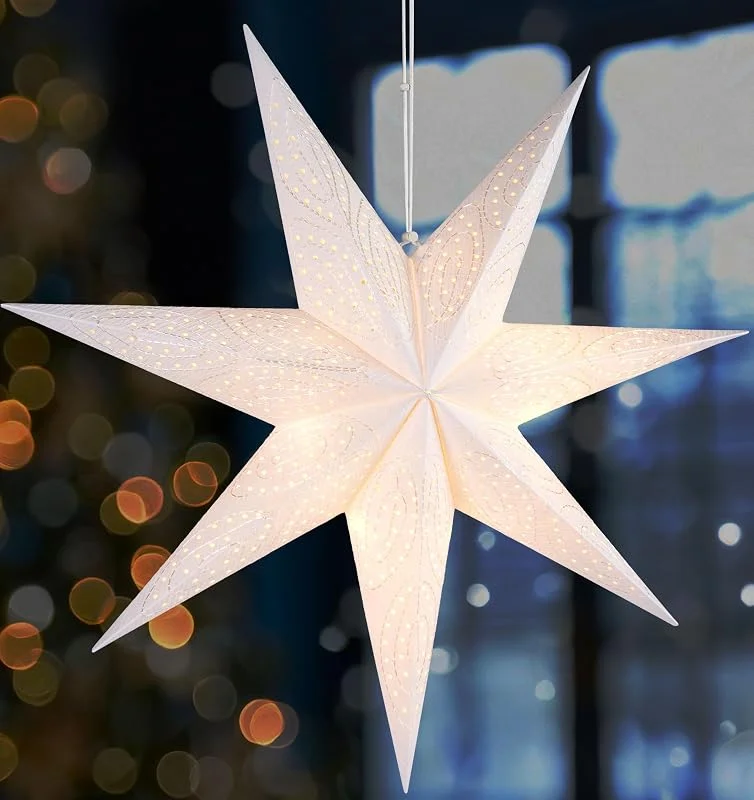Visita la tienda de BRUBAKER BRUBAKER 60 cm Estrella de Navidad de Papel - Estrella de Adviento para Ventana - Estrella de Papel 3D con Casquillo E14 - Decoración Navideña Colgante Estrella de Luz con 3, 5 m de Cable - Blanca — Decoracion Navidad