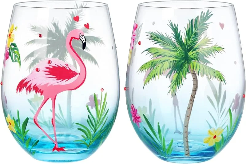 Visita la tienda de NymphFable NymphFable Juego de 2 Copas Vino Colores Vasos de Vóctel de Ginebra Sin Tallo de Flamenco Pintados a Mano Palmera Regalo para Mujeres, 18 oz — Vino y mesa festiva
