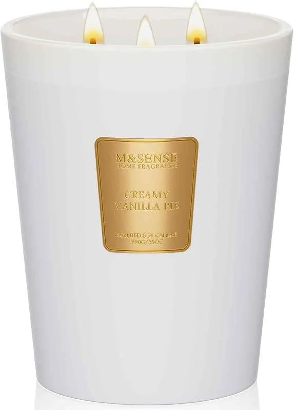 M&SENSE Vela de Soja Extra Grande con Crema Perfumada de Vainilla 35oz 150H, Vela de Aromaterapia Natural de 3 Mechas Altamente Perfumada de Larga Duración, Nuevas Ideas de Regalo para el Hogar — Cena a la luz de velas