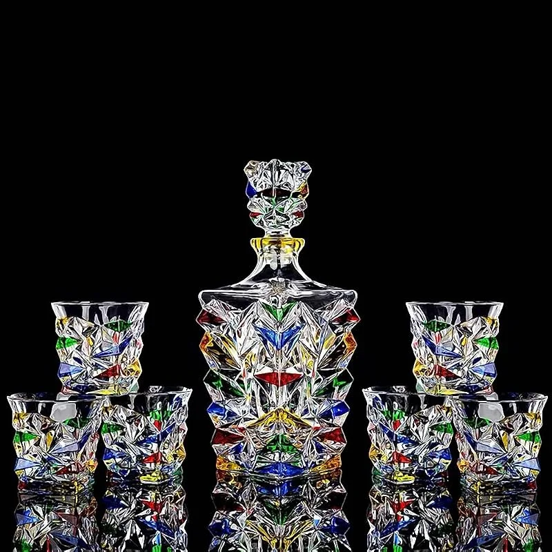 Puremagics Decantador colorido pintado a mano para whisky escocés bourbon de 1000 ml con tapón de vidrio, textura glaciar con forma (decantador y 6 vasos) — Vino y mesa festiva