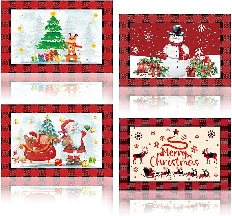 Pwsap Juego de 4 Manteles Individuales de Navidad, Manteles Individuales de Papá Noel de Muñeco de Nieve de Alce de Lino, Temporada Invierno Cocina Mesa Interior Vacaciones Fiesta Decoración, 12x18In — Hogar y cocina