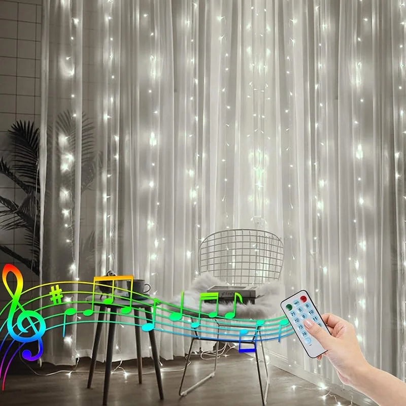 CORST Cortina de luces LED de 2 m x 2 m, para interiores, funciona con pilas, para Pascua cortinas de luz, mando a distancia, sonido activado, sincronización de música, jardín, exterior (blanco) — Luces Navidad