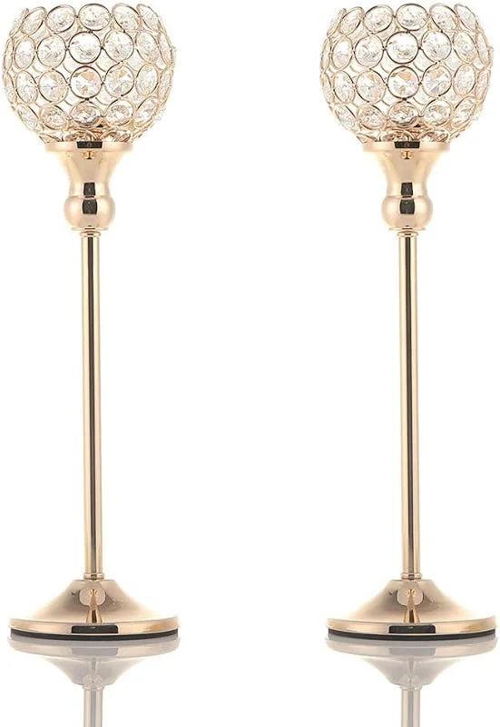 VINCIGANT Juego de candelabros de cristal, para decoración del hogar, cristal, dorado, 2pcs 35cm — Cena a la luz de velas