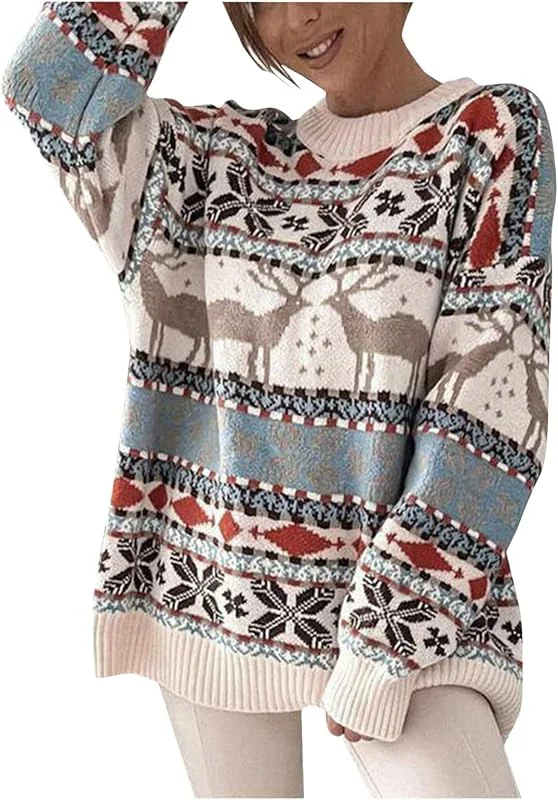Genérico Jersey Navideño para Mujer Manga Larga Suéter de Navidad Invierno Ropa de Punto de Reno Monigote de Nieve Cuello Redondo Regalos navideños — Ropa Navidad