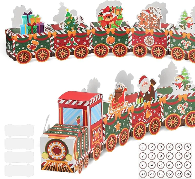 HSEAMALL 24 cajas de calendario de Adviento de Navidad en forma de tren, cajas de regalo para calendario de cuenta regresiva de Navidad con números adhesivos y clips de conexión, caja de dulces DIY, regalo — Envoltorio regalo