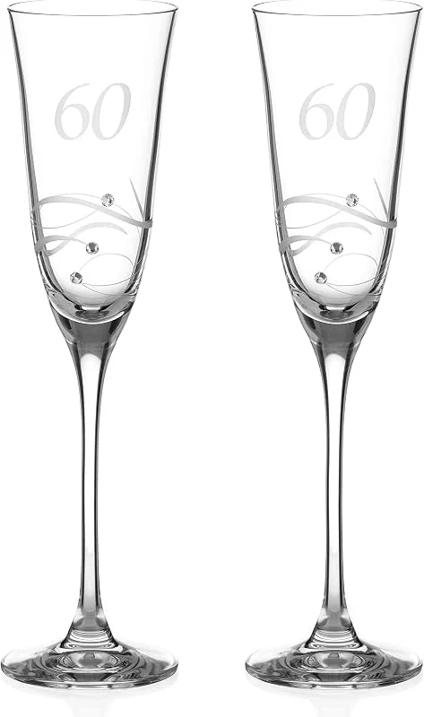 DIAMANTE Vasos de champán de Swarovski para 60 cumpleaños o aniversario, par de copas de champán de cristal con grabado a mano "60" con cristales de Swarovski — Vino y mesa festiva