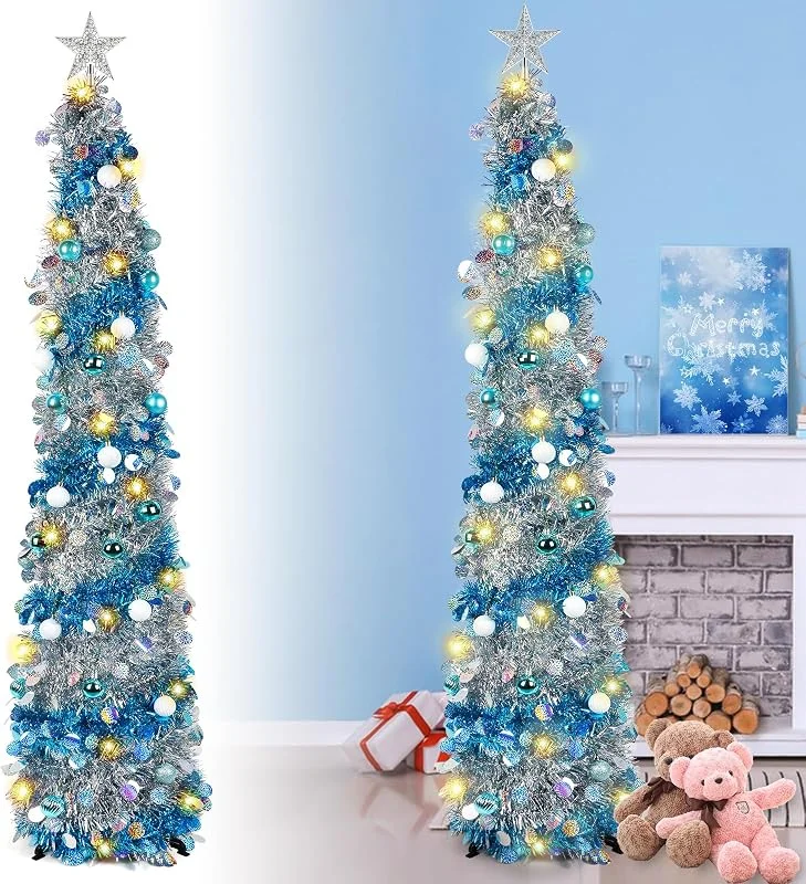 Visita la tienda de Kalolary Kalolary Árbol de Navidad Plegable de 5 Pies - Artificial de Lápiz Azul Plateado Con Bolas de Decoración y Adornos Para el Hogar, Fiesta, Chimenea, Decoración Interior — Decoracion Navidad