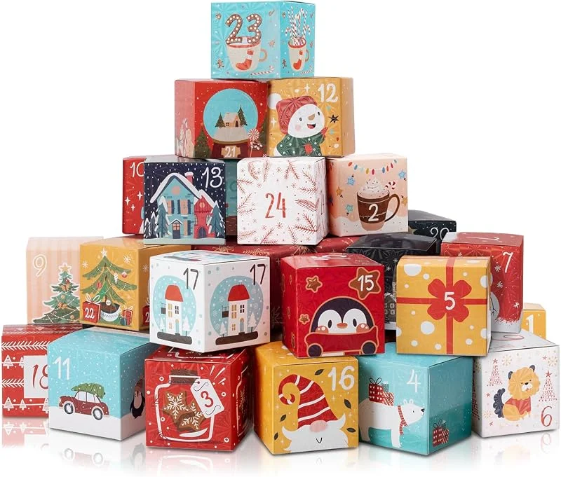 Tibomuo 24 Cajas de Calendario de Adviento para Rellenar, Calendario de Adviento DIY Vacío con Números, 2025 Cajas de Navidad de Calendario Personalizable para Galletas, Caramelos, Decoración de Navidad — Adviento y mesa