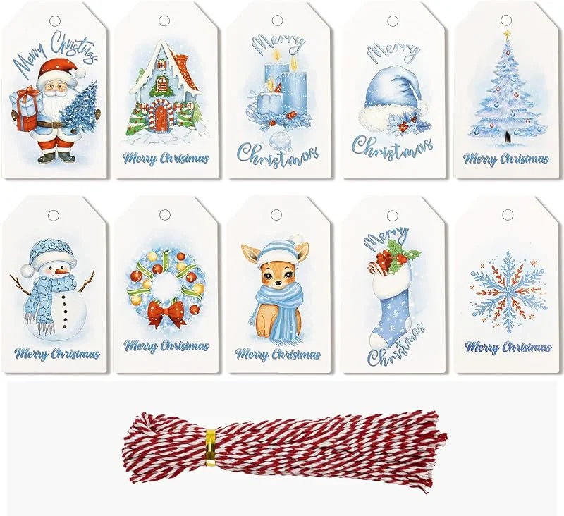 DOJoykey Etiquetas de Navidad para Regalos - Etiquetas de Regalo de Navidad 50 piezas 10 Diseños de Etiquetas de Papel con Cuerda de Yute para Decoración de Regalos de Navidad — Envoltorio regalo
