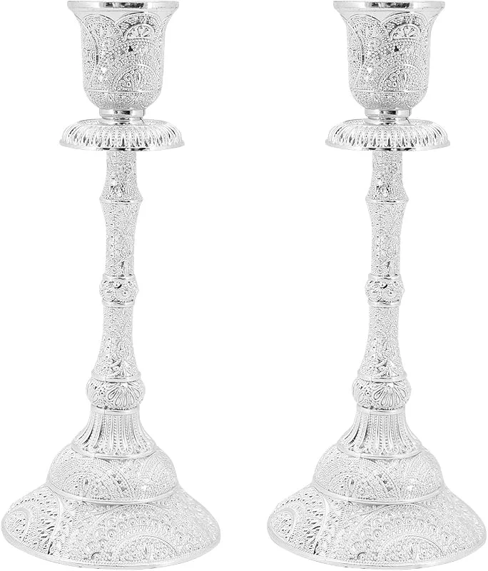 Gearific Candelabros cónicos, Juego de 2 candelabros chapados en Plata, Oro para Adornos de Sala de Estar, centros de Mesa, decoración del hogar (Plata) — Cena a la luz de velas
