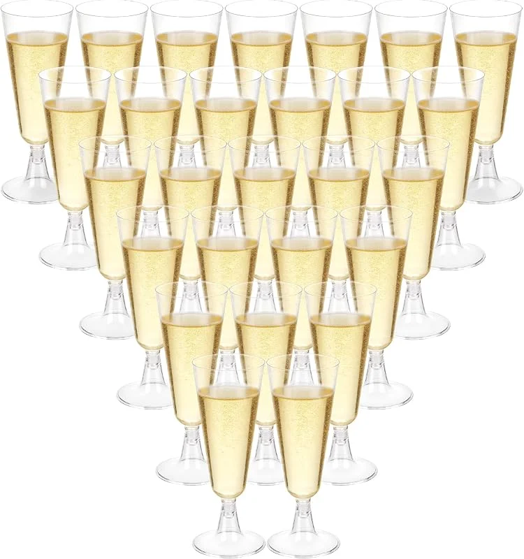 DenFatory Paquete de 30 copas de champán de plástico de 150 ml cada una, lavables y reutilizables, adecuadas para bodas, cumpleaños, barbacoas y fiestas — Vino y mesa festiva