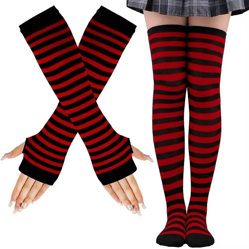 LUKIUP Calcetines Altos a Rayas para Mujer con Guantes Sin Dedos — Ropa Navidad
