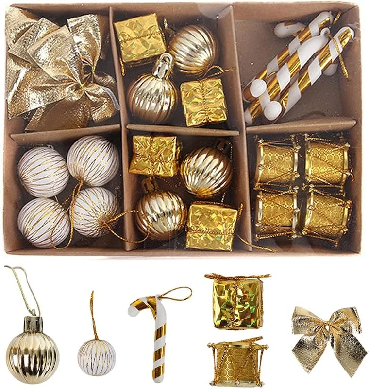 BDKMMS Juego de bolas de Navidad, 24 unidades, decoraciones para árbol de Navidad con bastones de caramelo, lazos, cajas de regalo, tambores, bolas de plástico para vacaciones, bodas y cumpleaños — Decoracion Navidad