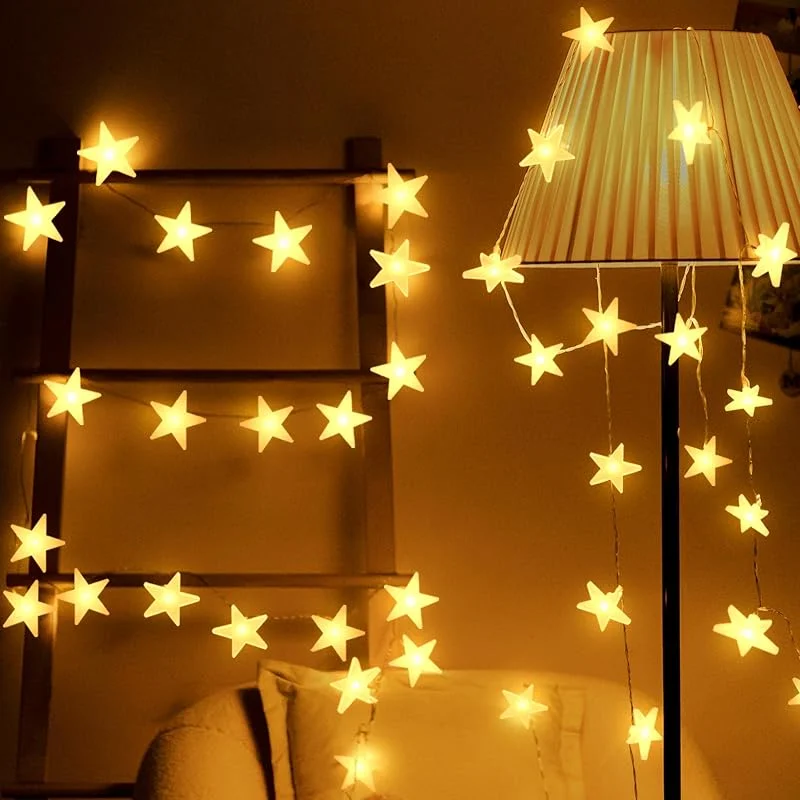 Uping Guirnalda Luminosa, 30 Estrellas, 4.35 Metros, Funciona Con Pilas, Decoración Exterior y Interior para Fiesta, Boda, Ceremonia, Jardín, Casa (Blanco Cálido) — Luces Navidad
