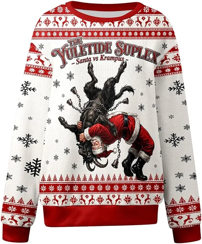 PINTUTU Jersey Feo de Navidad para Adultos, Jersey de Punto Festivo con Estampado de Calavera y muérdago, Cuello Redondo, Manga Larga, para Hombre y Mujer Cómodo — Ropa Navidad