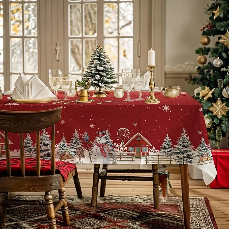 AIBIIN Mantel de Navidad, muñeco de Nieve, Copos de Nieve, casa de árboles de Navidad, Color Rojo, Lavable, para Comedor, Picnic, Fiesta, Suministros de decoración de Mesa, 142x213cm — Hogar y cocina