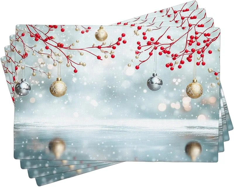 Generic Juego de 4 manteles individuales de Navidad con diseño de bayas de Navidad, manteles individuales decorativos de tela para comedor, lavables para interiores y exteriores, 45, 7 x 30, 5 cm — Hogar y cocina