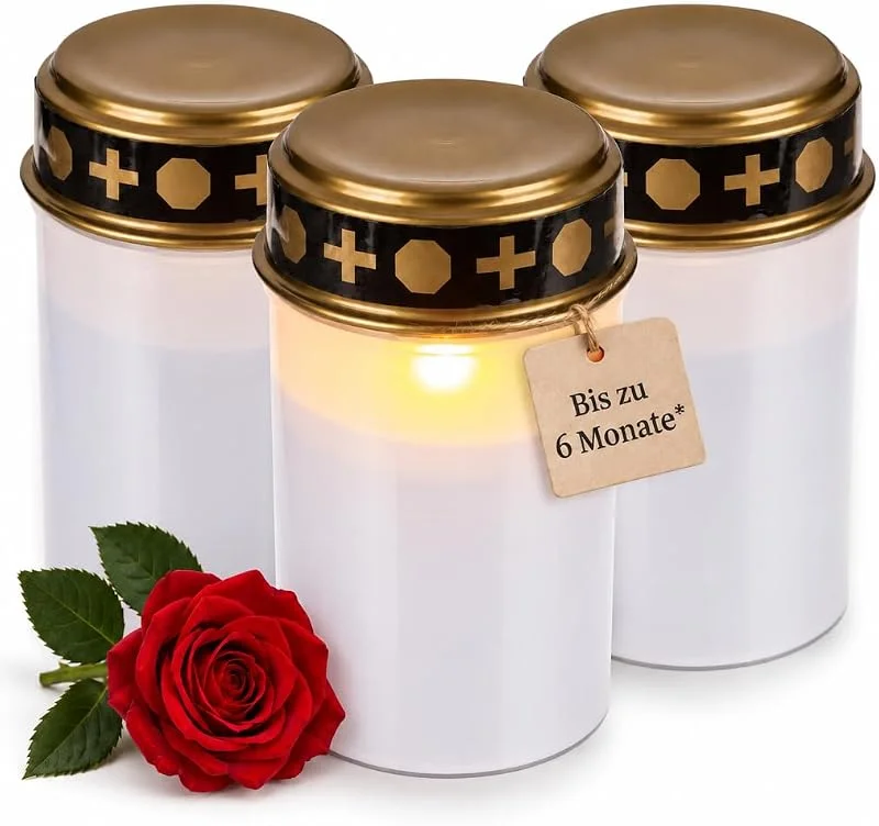 MIJOMA - Velas LED funerarias para exteriores, funcionamiento con pilas, efecto parpadeante realista, duración de 6 meses, luz funeraria, lámpara para tumba (set de 3 piezas, blanco) — Cena a la luz de velas