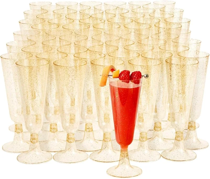 Visita la tienda de MATANA MATANA 100 Copas de Champán de Plástico con Brillo Dorado, 150ml - Flautas de Champagne, Copas Cava, Copas Vino - Copas Plastico Duro Reutilizable para Bodas, Cumpleaños, Fiestas — Vino y mesa festiva