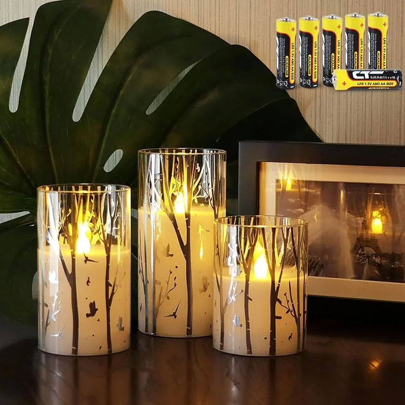 Visita la tienda de Rhytsing Rhytsing 3 Velas blancas led de Cristal para Navidad, Velas a Pilas con Temporizador Decorativas Diseño de Abedul, Altura 10cm, 12, 5cm, 15cm (Abedul) — Luces Navidad