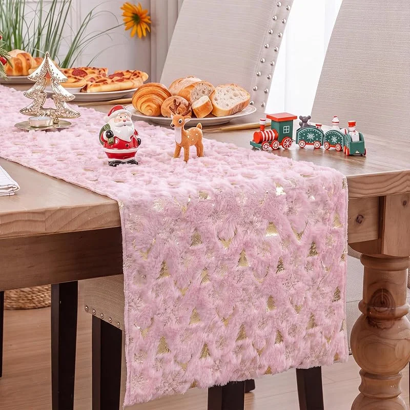 Homodeco Camino de mesa de Navidad rosa con pino dorado 33 x 180 cm — Hogar y cocina