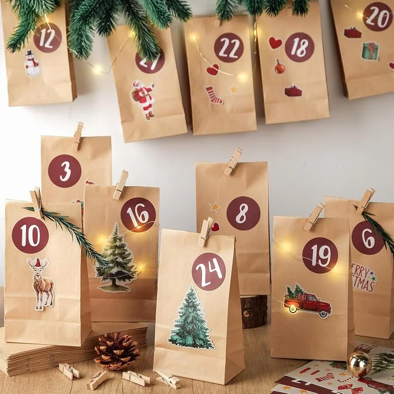 I LOVE MOM Calendario de Adviento para rellenar, calendario de Adviento bolsas, calendario de Navidad para rellenar, 24 bolsas de papel con pegatinas de madera, calendario de Adviento, rellenar — Adviento y mesa