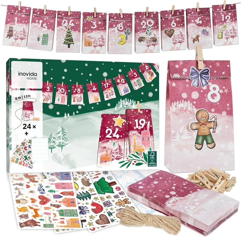 Inovida Calendario de adviento para rellenar: calendario de adviento 2025 - bolsas de papel, números adhesivos, para colgar - calendario adviento DIY - Inovida — Adviento y mesa