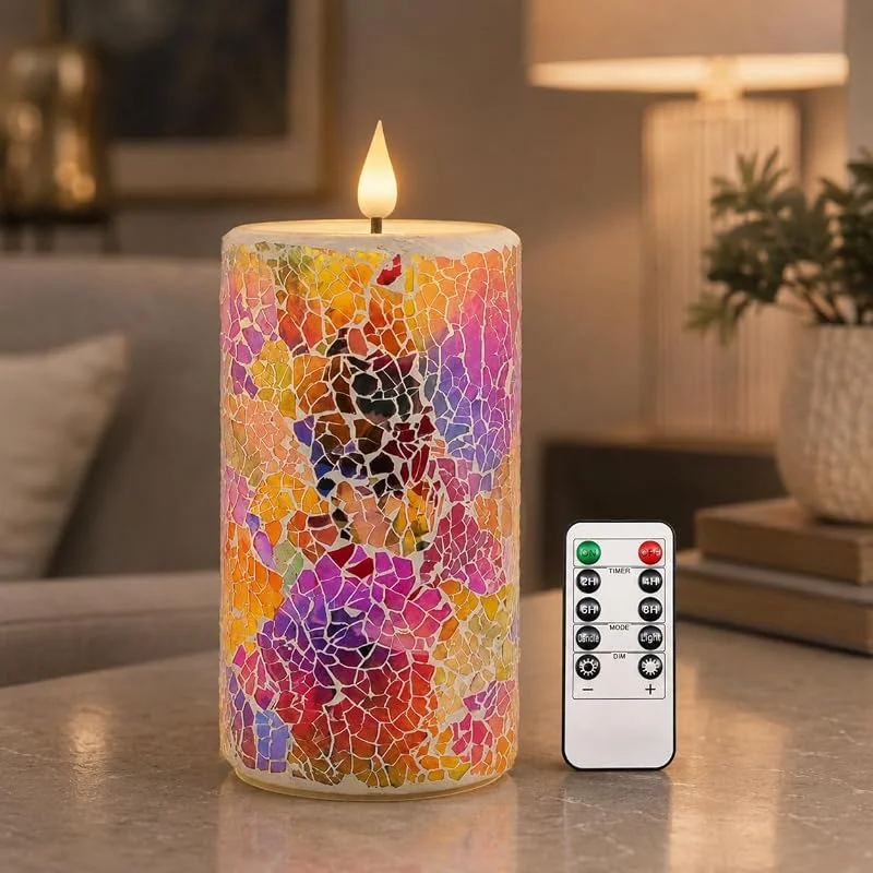 Visita la tienda de Da by Da by 1 pieza de vela LED de mosaico hecha a mano, patrón de vidrio roto en color rojo, púrpura y naranja, llama parpadeante realista, cera natural y vidrio, 8, 3 x 18 cm, control remoto — Cena a la luz de velas