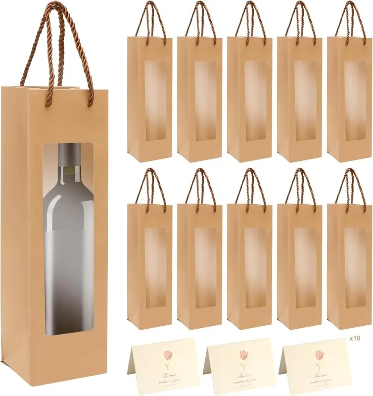 UOCAI 10PCS Bolsas para Botellas de Vino Kraft, Bolsa Regalo Vino con Ventana Transparente y Tarjetas de Felicitación, Bolsas Papel Kraft con Asa, Embalaje Botellas para Boda Cumpleaños Navidad Fiesta — Vino y mesa festiva