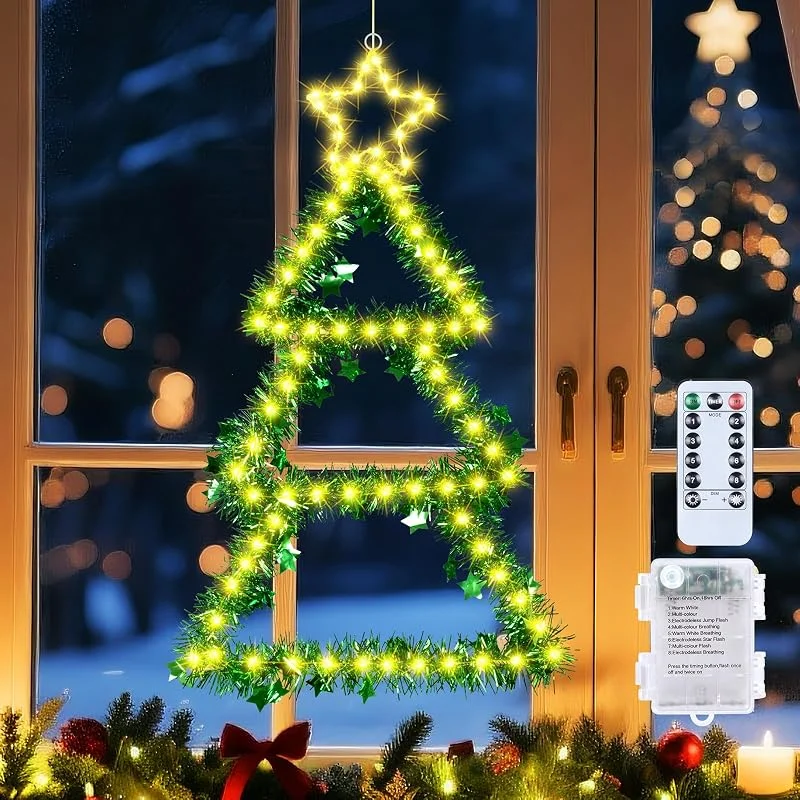 Qoosea Luces para Ventana Árbol de Navidad con Pilas 110 LED Decoración Navideña Plegable para Ventana 8 Modos Temporizador Mando a Distancia IP65 Impermeable para Pared Árbol de Navidad Interior — Luces Navidad