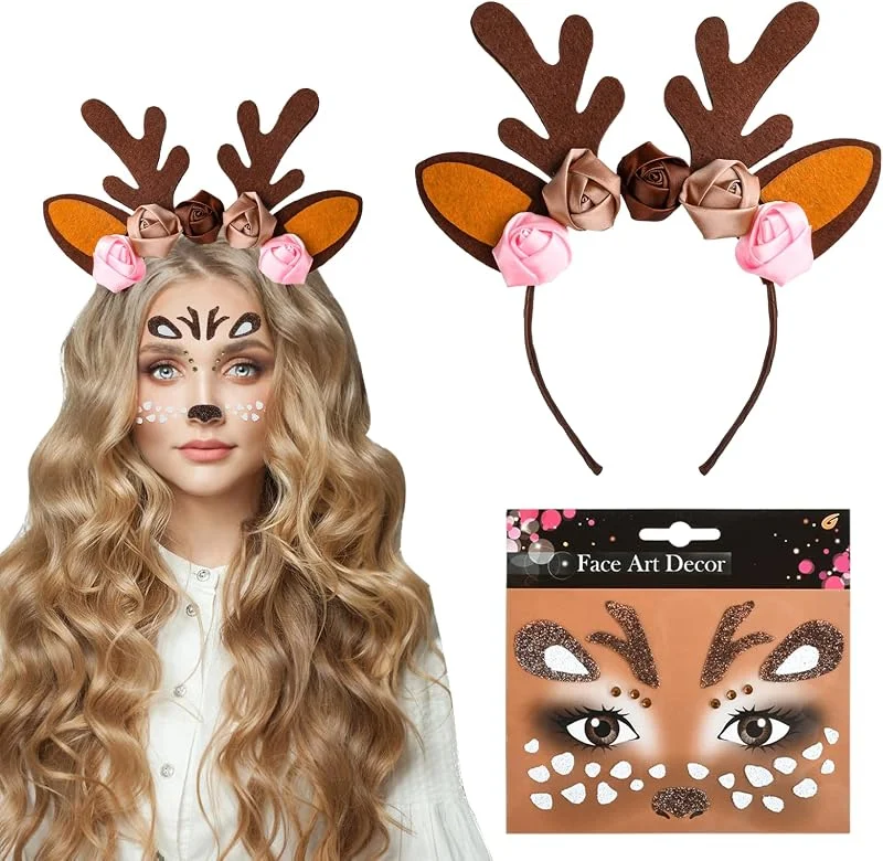 DIELOVEHUA Diadema de Reno, Diadema de Cuernos de Reno + Cara Ciervo Tatuaje, Cuernos Reno Diademas, Disfraz Reno Mujer, para Halloween Carnaval Navidad Cosplay — Ropa Navidad