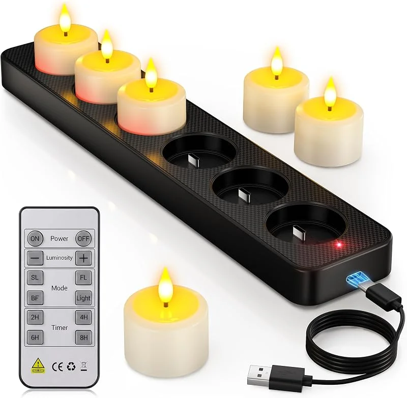 Visita la tienda de Yme Yme Paquete de 6 velas de té recargables con estación de carga y control — Cena a la luz de velas