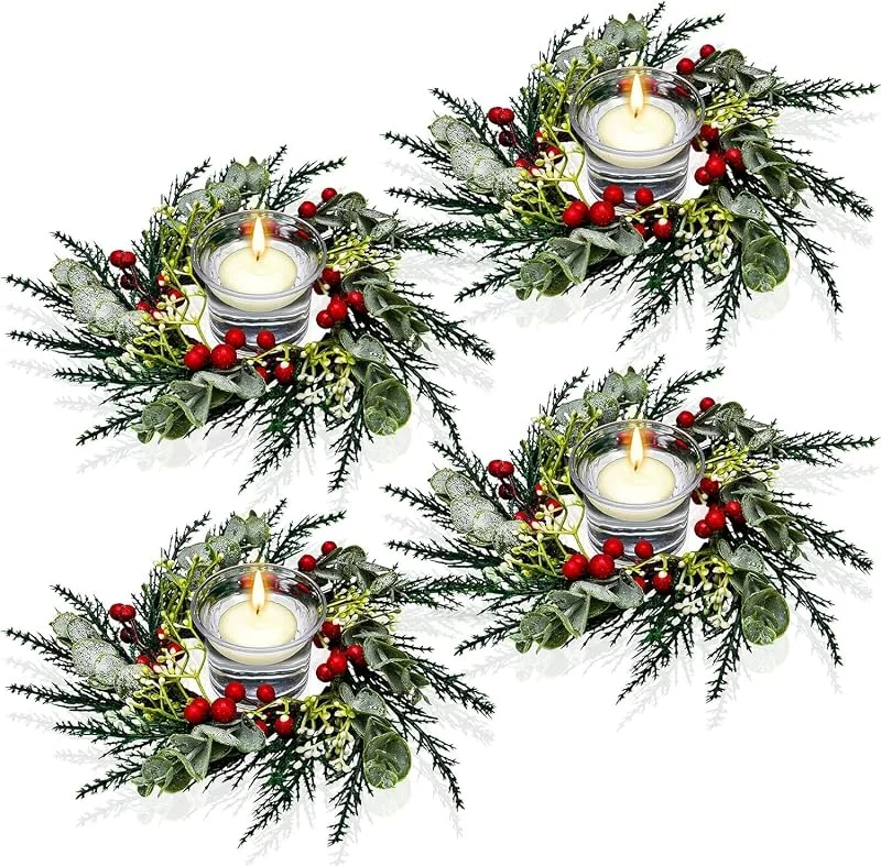 LATERN 8 Piezas Anillos de Velas Navideñas, 20CM Corona de Frutos Rojos Artificiales Anillo de Vela con Agujas de Pino Nevado para Pilares Rústico Boda Central Puerta Principal Navidad Mesa Decoración — Decoracion Navidad