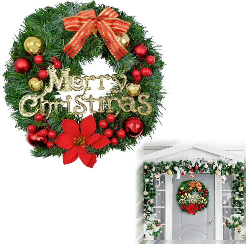 TULEBOLIAN Corona Navideña de 30cm - Corona de Puerta, Adviento, Bolas (Oro), Lazo Rojo, Campanas y Ramas de Pino - Decoración Navideña para Puerta, Pared, Mesa, Ornamento Colgante​ — Decoracion Navidad