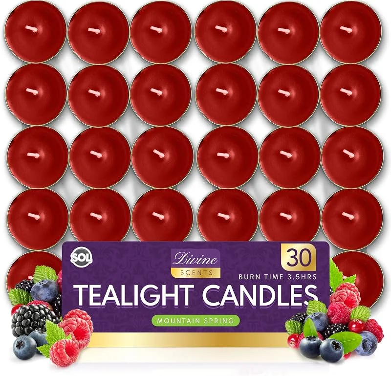 SOL Paquete de 30 velas de té de bayas frescas, Velas de té perfumadas, Velas de té de larga duración, Velas rojas, Luces T, Velas de té — Cena a la luz de velas