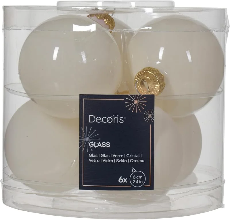 Kaemingk Juego de 6 bolas de cristal de Navidad de 6 cm, blanco cálido, mate y brillante, duraderas y elegantes — Decoracion Navidad