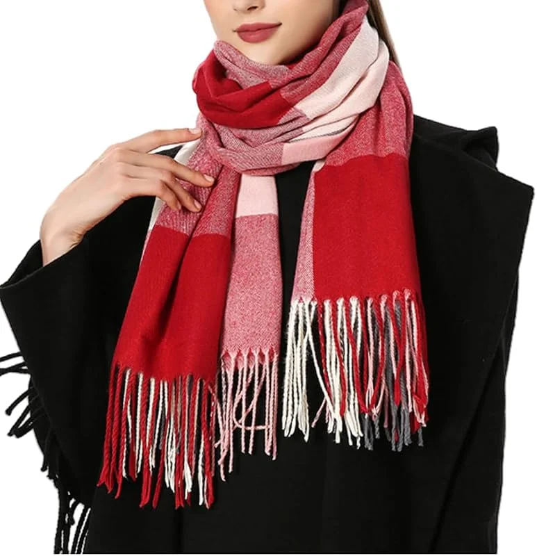 DURINM Bufandas Mujer Invierno Grande a Cuadros de invierno con tacto de cachemira para mujer Cachemira sintética Chal Cálido Moda Largas Bufandas Mujer Invierno de Punto con Flecos para Mujeres Hombres — Ropa Navidad